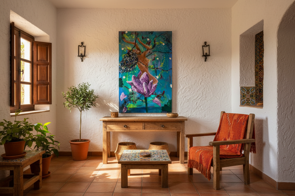 Blomstring unframed in small Spanish living room