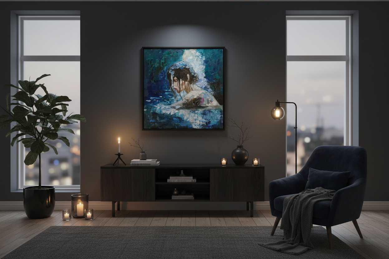 Mellom to verdener in dark Scandinavian living room